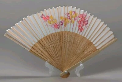 Vintage Folding Hand Fan Asian Style Fabric & Pierced Bamboo Floral Design 9" - Image 1 of 4