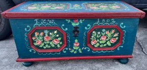 Old Antique Wood Six Board Folk Art Primitive Hand Painted Marriage Chest Trunk - Picture 1 of 24
