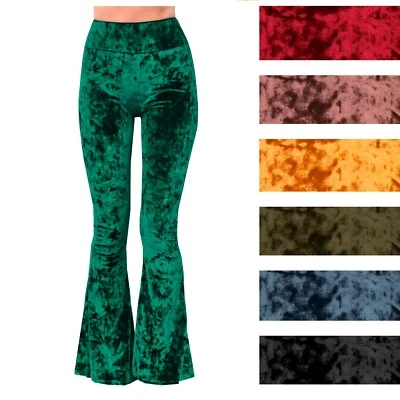 Pantalones Legging Boho Hippie Cintura Alta Elastizados Acampanados Parte Inferior Campana Terciopelo Aplastado Foto 1 de 2