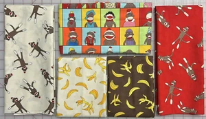 5 Piece Lot 2.33 Yards MODA Sock Monkey All Over Square Banana OOP Cotton Fabric - Picture 1 of 5