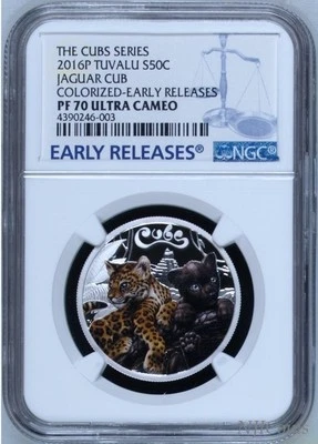 2016 P Tuvalu PROOF COLORIZED Silver The Jaguar Cubs NGC PF70 1/2 oz Coin w/ OGP - Image 1 of 4