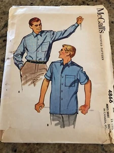 🌷1958 McCALL'S #4866 - CAMISA BOLSILLO MANGA LARGA O CORTA HOMBRE PATRÓN 38-40 FF - Imagen 1 de 2