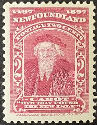 1897 #62, Newfoundland, John Cabot Carmine Lake 2 Cent Stamp, VF MH Foto 1 de 2