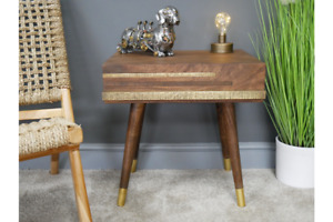 Unusual Solid Mango Wood & Brass Bedside Table Drawer Unit