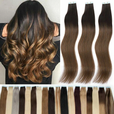 #Ombre Tape In 100% Remy Echthaar Extensions Skin Weft DICK Haarverlängerung DE