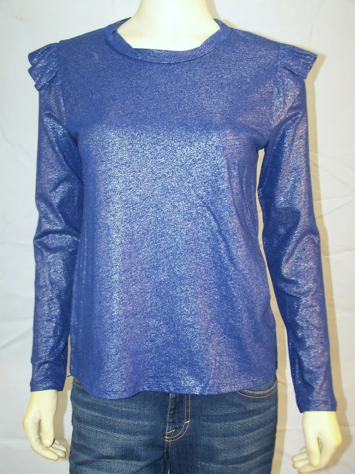 Michael Kors Top Crew Neck Ruffle Shoulder Metallic Women Blue Sz PS 500
