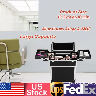 Estuche de tren de maquillaje rodante carro aluminio estuche de cosméticos organizador de almacenamiento negro Foto 1 de 4