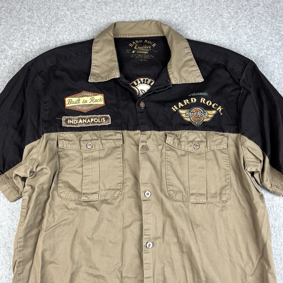 Hard Rock Cafe Mechanic Shirt Men XL Button Up Biker Guitar Co Shirt Tan Patches - Image 1 of 4