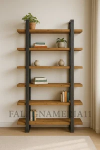 Libreria Scaffale in Legno Massiccio e Ferro – Design Industriale 6 Ripiani - Foto 1 di 2