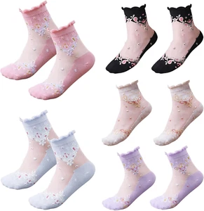 5 Paar Damen Socken mit Rüschen - Transparente Spitzen Söckchen im Blumenmuster - Bild 1 von 7