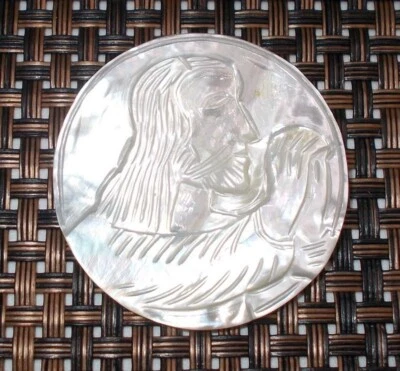 Vintage Carved Bethlehem Pearl Button White Shell Christian Jesus Praying 1 3/4" - Image 1 of 4