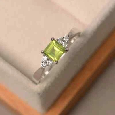 1.11 Ct Natural Peridot & Diamond Valentine's Day Ring 14K Real White Gold Solid - Image 1 of 4