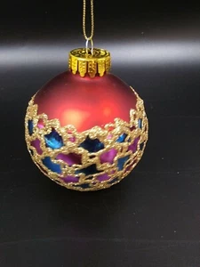 Christmas Tree Ornament Round Ball Dark Red Gold Glitter w/Blue & Purple 3" - Picture 1 of 4