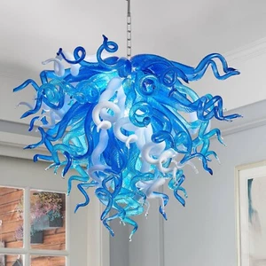 Blue and White Unique Hand Blown Murano Glass Chandelier Light Fixture - Picture 1 of 16