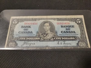 1937 Canadian $5 Dollar Note Error Alignment - Picture 1 of 3