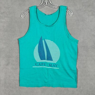 Camiseta sin mangas vintage FRUIT OF THE LOOM para hombre L verde azulado hecha en EE. UU. Cabo May NJ Foto 1 de 4