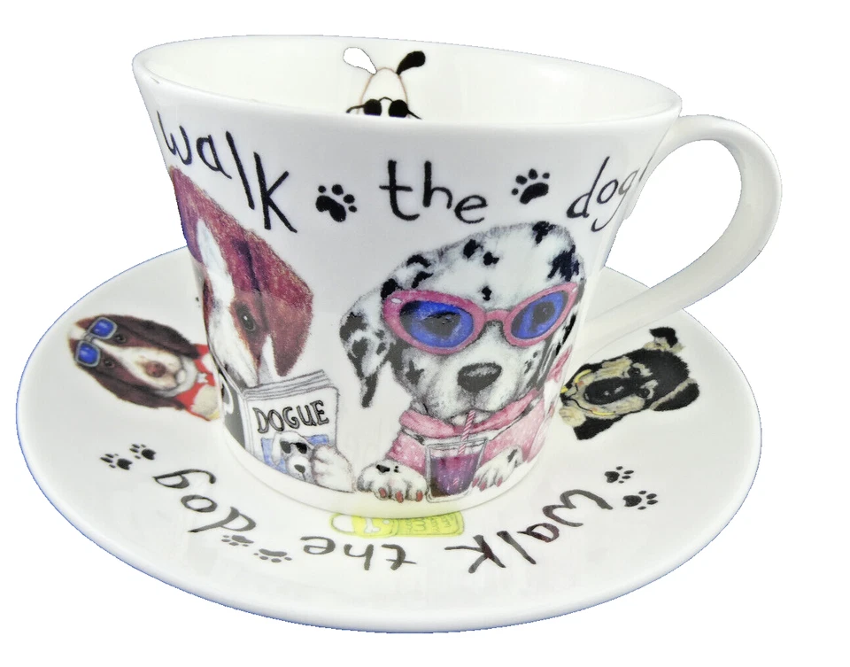PLATILLO TAZA DESAYUNO PASEO PERRO, porcelana de hueso fino, hecho en Inglaterra por ROY KIRKHAM Foto 1 de 4