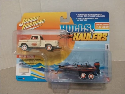 Johnny Lightning Beige Hulls & Haulers 1965 Chevy Stepside with  Boat & Trailer - Image 1 of 4
