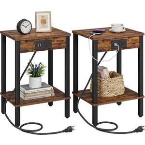 Set of 2 End Table with Charging Station, Narrow Side Table with USB Ports an... - Picture 1 of 8