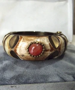 Vintage Hindge Camel Bone Bovine Gemstone Brass - Thick Bangle Ethnic Bohemian - Picture 1 of 16