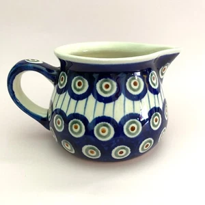 Boleslawiec Polish Pottery Creamer Hand Made Peacock Cobalt Blue Green 3.25" H - Picture 1 of 12