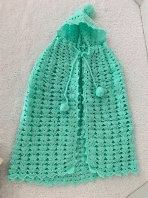New Handmade Crochet Baby Wrap Blanket Green Pom Pom Tie with Hood Pom Pom Top - Image 1 of 4