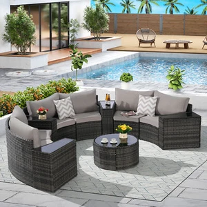 Outdoor Patio Furniture 11-Piece Half-Moon Sectional Round Patio Furniture Set S - Picture 1 of 5