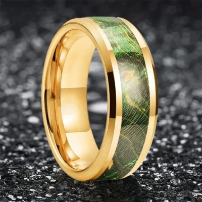 Anillo de tungsteno de 8 mm para hombre mujer con incrustaciones de madera verde anillo de alianza de boda Foto 1 de 4