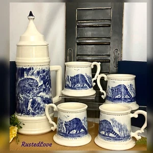 Ceramic Loma Ewer Jug with Mugs Beverage Serving Set Blue & White Raccoon Signed - Picture 1 of 12