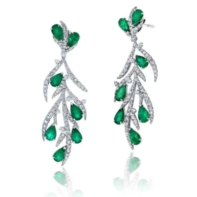 14.86 TCW Simulated Pear Emerald & Round Sapphire Leaf Branch Earrings For Woman - Image 1 of 4
