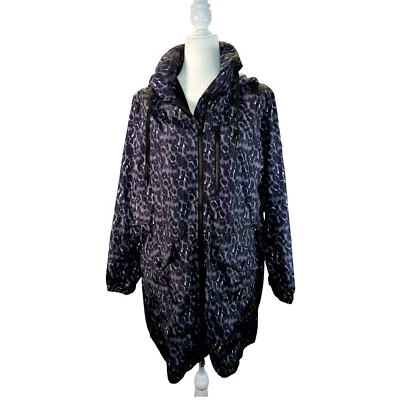 Chaqueta de Lluvia Lucky Brand Estampado de Leopardo Púrpura Larga con Capucha Lg Rendimiento Premium Foto 1 de 4