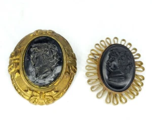 Set of 2 Vintage Costume Gold-tone Black Cameo Pin Brooch - Picture 1 of 5