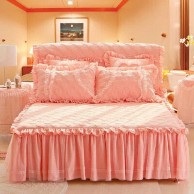 Korean Princess Lace Bedspread Skirted Queen King Dust Ruffle Quilted Bed Cover - Image 1 of 4