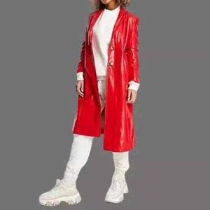 Women Red Vinyl Trench Coat Glossy Raincoat Waterproof Shinny Sicker Jacket - Picture 1 of 4