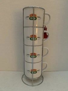 FRIENDS TV Show Central Perk Coffee Cup Stackable Mug Set Silver Holder 13”T New - Picture 1 of 6