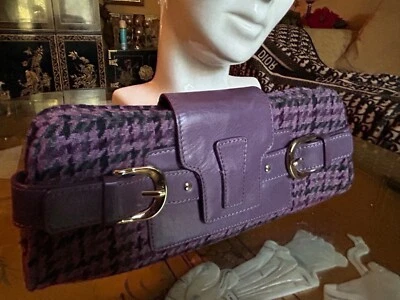 Cartera sin asas Y2K Banana Republic púrpura pata de gallo de lana con adornos de cuero genuino Foto 1 de 4