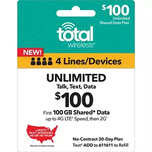 Total Wireless 4 Line $100/Month Online Refill: Unlimited Talk, Text, 100GB LTE! - Picture 1 of 1