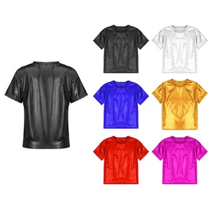 Kids Boy Girls Shiny Metallic T-Shirt Round Neck Short Sleeve Dance Top Shirt - Picture 1 of 85