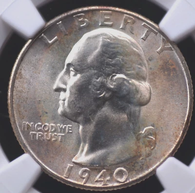 1940 D WASHINGTON QUARTER NGC MS 66 FROSTY WHITE WITH SOME HAZE AND SPECKLED - Image 1 of 3