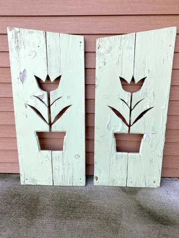 Vintage Tulip Cottage Core Shutter Pair Dutch Country Farm Painted Wood 41 x 18 Cover