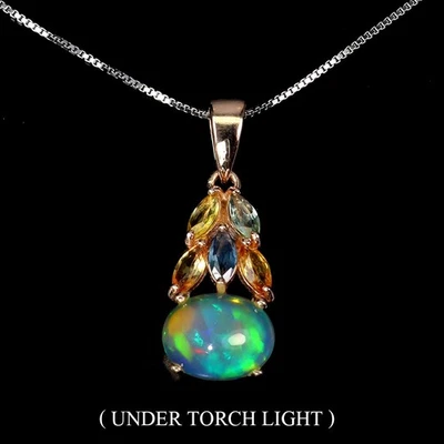 925 Sterling Silver Necklace Fire Opal 9x7mm Sapphire Gemstone Jewelry 18 Inch - Image 1 of 4
