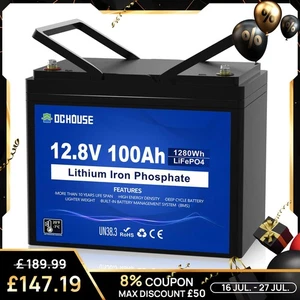 12V 100AH Lithium Battery Rechargeable LiFePO4 4000+ Deep Cycle for Solar RV Van - Picture 1 of 9