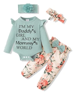 JUEGO DE 4 PIEZAS 6-12 Meses Infantil Niña Conjunto Ropa Pantalones Conjunto Diadema VERDE - Imagen 1 de 9
