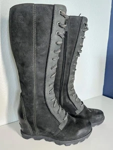 SOREL Joan Of Arctic Wedge Tall Lace Up Sz 10 BLACK Boot Waterproof RARE Leather - Picture 1 of 10