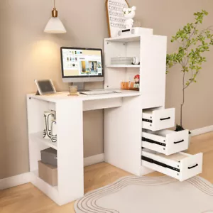 White Computer Desk with 4-in-1 Socket, 3 Slide Drawers, 4 Storage Levels - Picture 1 of 13