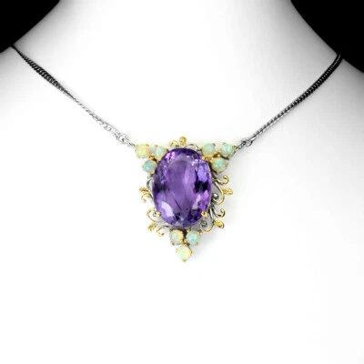 Estate 925 Collana Argento Ovale Amethyst 29.28ct Opale di Fuoco Gemma Fatto a - Immagine 1 di 4