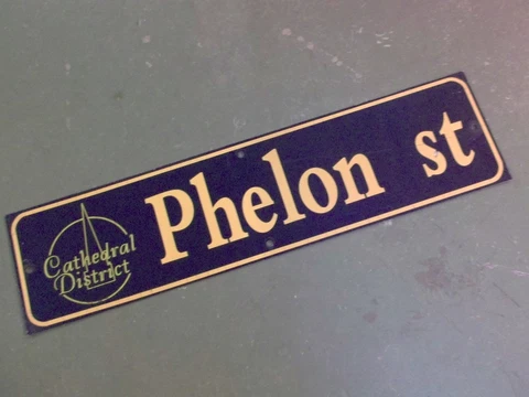 Vintage PHELON ST Cathedral District Street Sign 36" X 9" - GOLD on NAVY Ground Cover