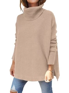 Women's Oversized Turtleneck Batwing Sleeve Spilt Casual Loose Knit Tunic Pul... - Picture 1 of 9