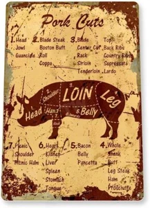 Pork Cuts Shop Farm Meat Pig Cow Kitchen Store 12 X 8 Inches - Metal Tin Sign Ma - Picture 1 of 108
