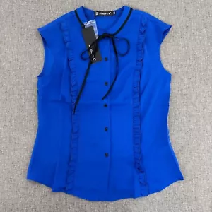 Allegra K Cute Ruffled Button Down Top Blue Black XS Tie Neck Sleeveless. - Picture 1 of 13